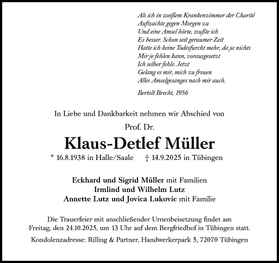 Traueranzeige von Klaus-Detlef Müller von Süddeutsche Zeitung