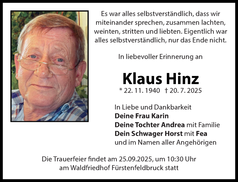  Traueranzeige für Klaus Hinz vom 17.09.2025 aus Süddeutsche Zeitung