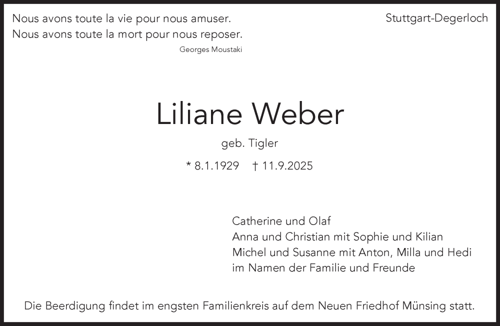  Traueranzeige für Liliane Weber vom 20.09.2025 aus Süddeutsche Zeitung