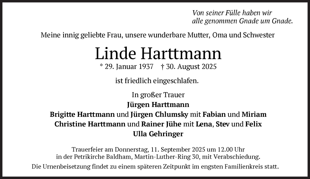  Traueranzeige für Linde Harttmann vom 06.09.2025 aus Süddeutsche Zeitung