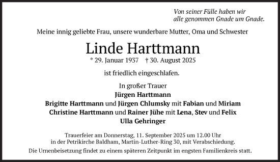 Traueranzeige von Linde Harttmann von Süddeutsche Zeitung