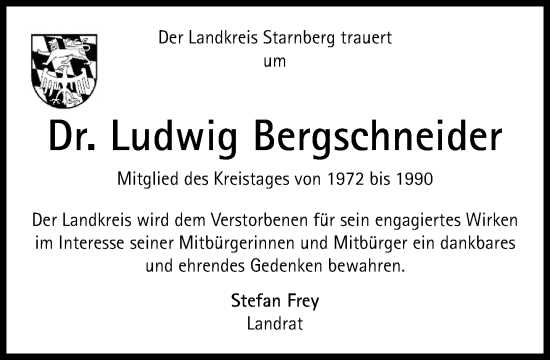 Traueranzeige von Ludwig Bergschneider von Süddeutsche Zeitung