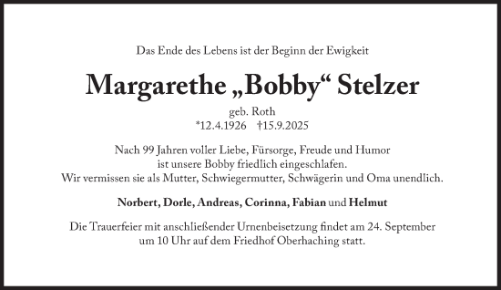Traueranzeige von Margarethe Stelzer von Süddeutsche Zeitung