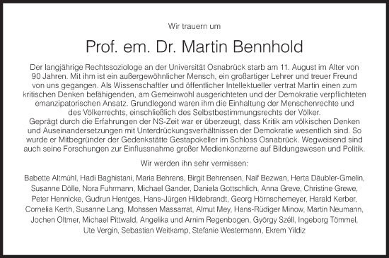 Traueranzeige von Martin Bennhold von Süddeutsche Zeitung