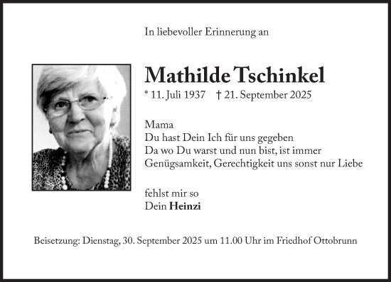 Traueranzeige von Mathilde Tschinkel von Süddeutsche Zeitung