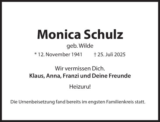 Traueranzeige von Monica Schulz von Süddeutsche Zeitung