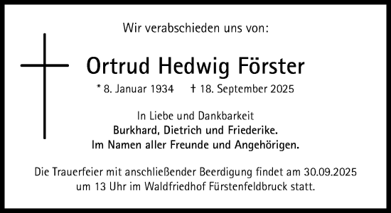 Traueranzeige von Ortrud Hedwig Förster von Süddeutsche Zeitung
