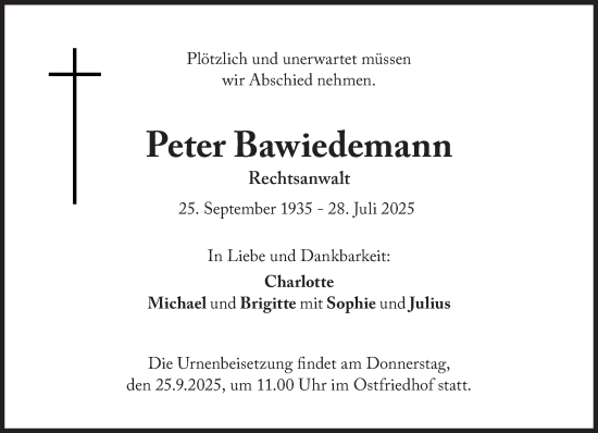 Traueranzeige von Peter Bawiedemann von Süddeutsche Zeitung