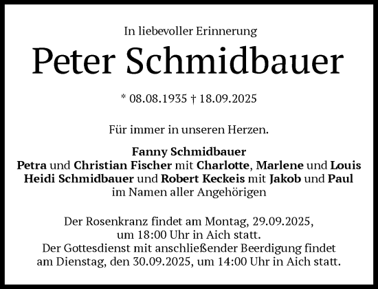 Traueranzeige von Peter Schmidbauer von Süddeutsche Zeitung