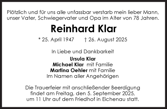 Traueranzeige von Reinhard Klar von Süddeutsche Zeitung