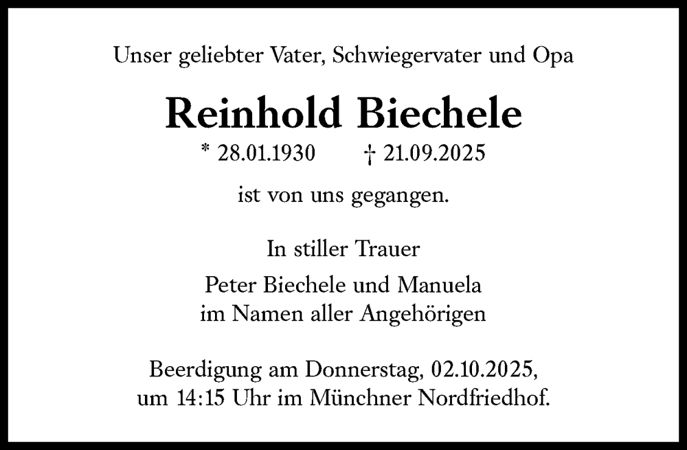  Traueranzeige für Reinhold Biechele vom 26.09.2025 aus Süddeutsche Zeitung