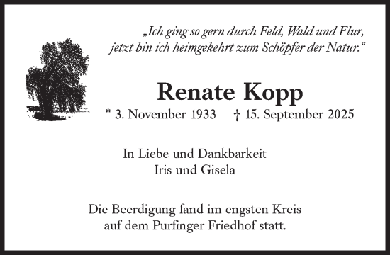 Traueranzeige von Renate Kopp von Süddeutsche Zeitung