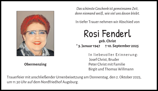 Traueranzeige von Rosi Fenderl von Süddeutsche Zeitung