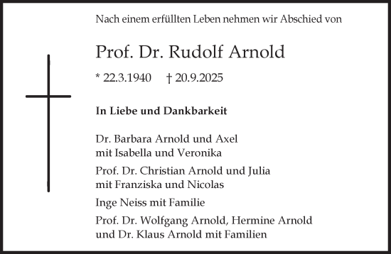Traueranzeige von Rudolf Arnold von Süddeutsche Zeitung