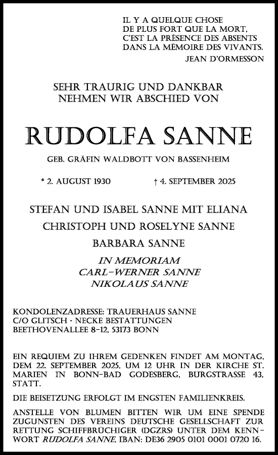 Traueranzeige von Rudolfa Sanne von Süddeutsche Zeitung