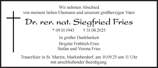 Traueranzeige von Siegfried Fries von Süddeutsche Zeitung