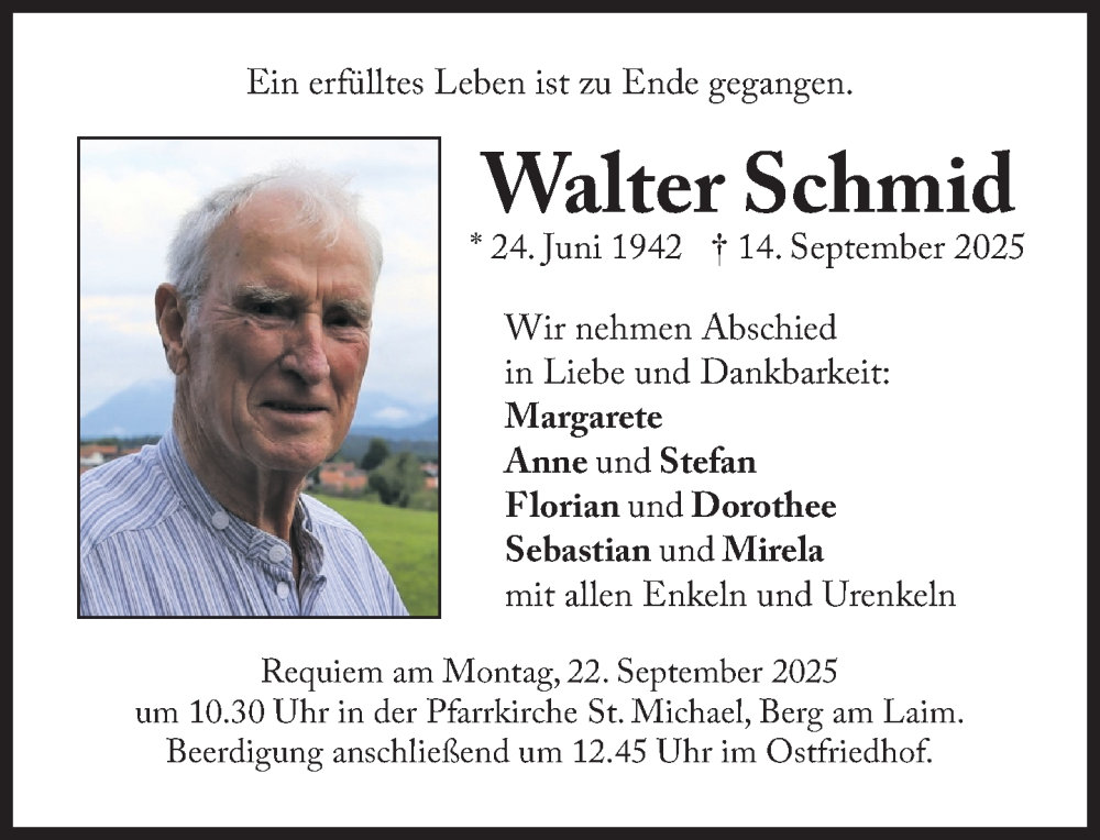  Traueranzeige für Walter Schmid vom 20.09.2025 aus Süddeutsche Zeitung