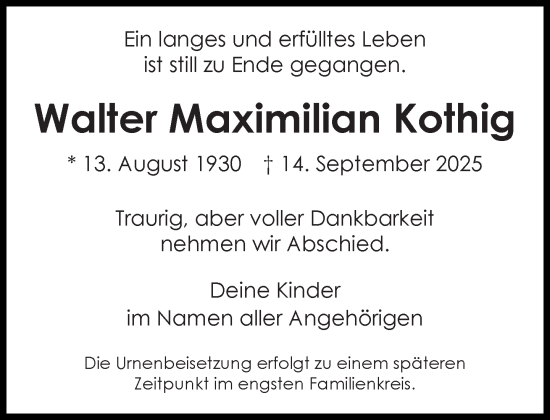Traueranzeige von Walter Maximilian Kothig von Süddeutsche Zeitung