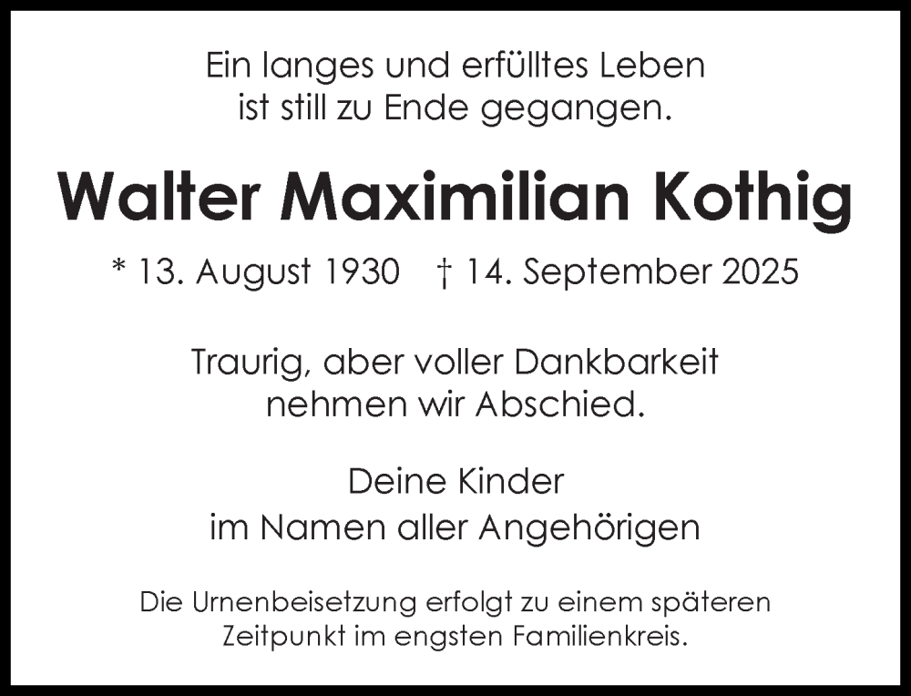  Traueranzeige für Walter Maximilian Kothig vom 20.09.2025 aus Süddeutsche Zeitung