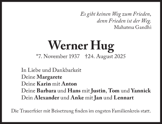 Traueranzeige von Werner Hug von Süddeutsche Zeitung