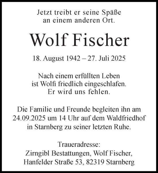 Traueranzeige von Wolf Fischer von Süddeutsche Zeitung