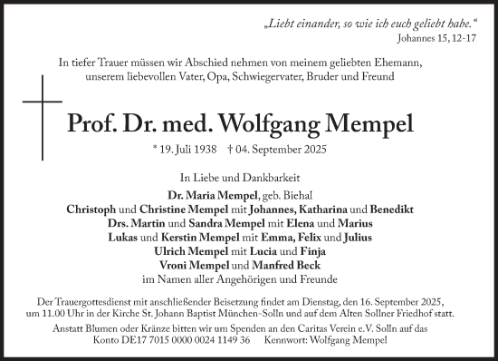Traueranzeige von Wolfgang Mempel von Süddeutsche Zeitung