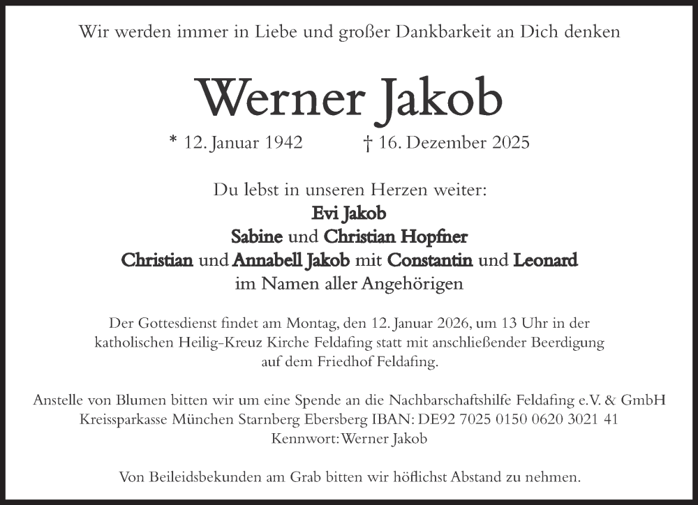  Traueranzeige für Werner Jakob vom 05.01.2026 aus 