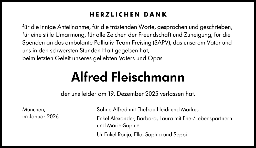  Traueranzeige für Alfred Fleischmann vom 17.01.2026 aus Süddeutsche Zeitung