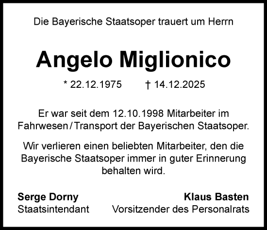Traueranzeige von Angelo Miglionico von Süddeutsche Zeitung