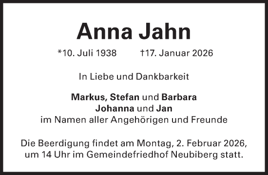 Traueranzeige von Anna Jahn von Süddeutsche Zeitung