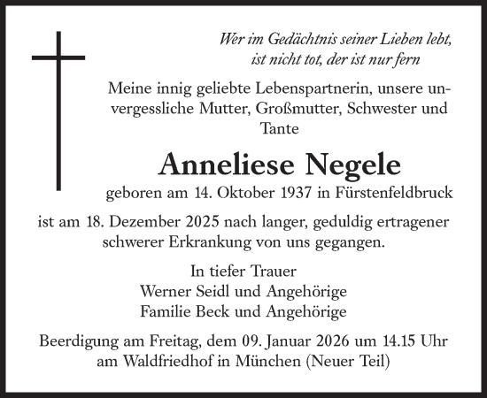 Traueranzeige von Anneliese Negele von Süddeutsche Zeitung