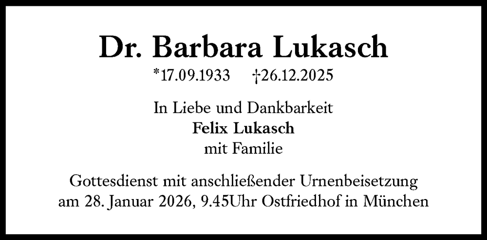  Traueranzeige für Barbara Lukasch vom 17.01.2026 aus Süddeutsche Zeitung