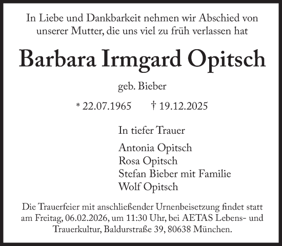 Traueranzeige von Barbara Irmgard Opitsch von Süddeutsche Zeitung