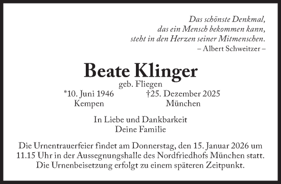 Traueranzeige von Beate Klinger von Süddeutsche Zeitung