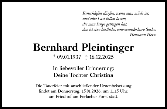 Traueranzeige von Bernhard Pleintinger von Süddeutsche Zeitung