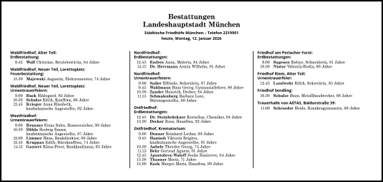 Traueranzeige von Bestattungen vom 12.01.2026 von Süddeutsche Zeitung