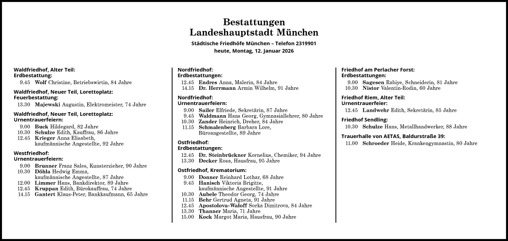  Traueranzeige für Bestattungen vom 12.01.2026 vom 12.01.2026 aus Süddeutsche Zeitung