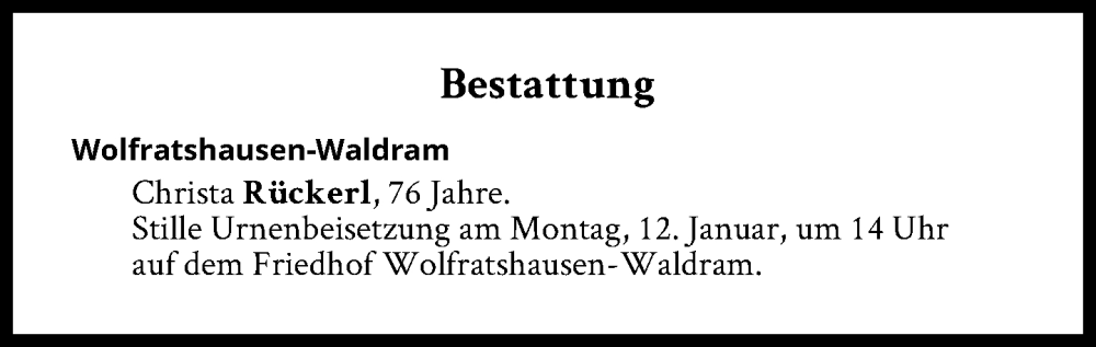  Traueranzeige für Bestattungen vom 12.01.2026 vom 12.01.2026 aus Süddeutsche Zeitung
