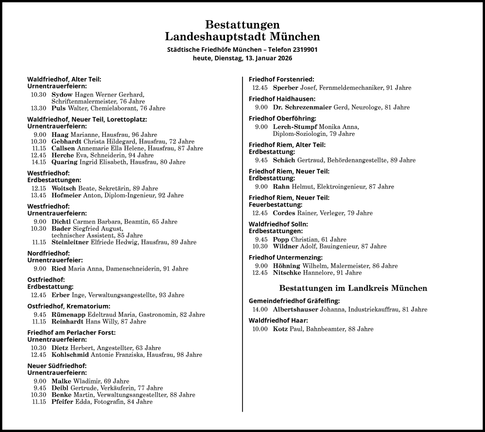  Traueranzeige für Bestattungen vom 13.01.2026 vom 13.01.2026 aus Süddeutsche Zeitung