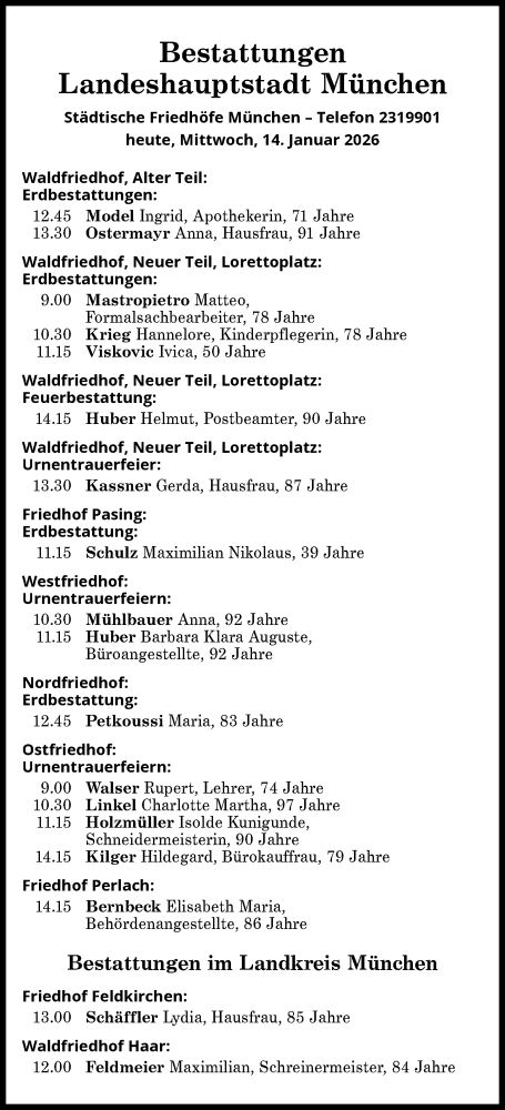  Traueranzeige für Bestattungen vom 14.01.2026 vom 14.01.2026 aus Süddeutsche Zeitung