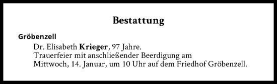 Traueranzeige von Bestattungen vom 14.01.2026 von Süddeutsche Zeitung