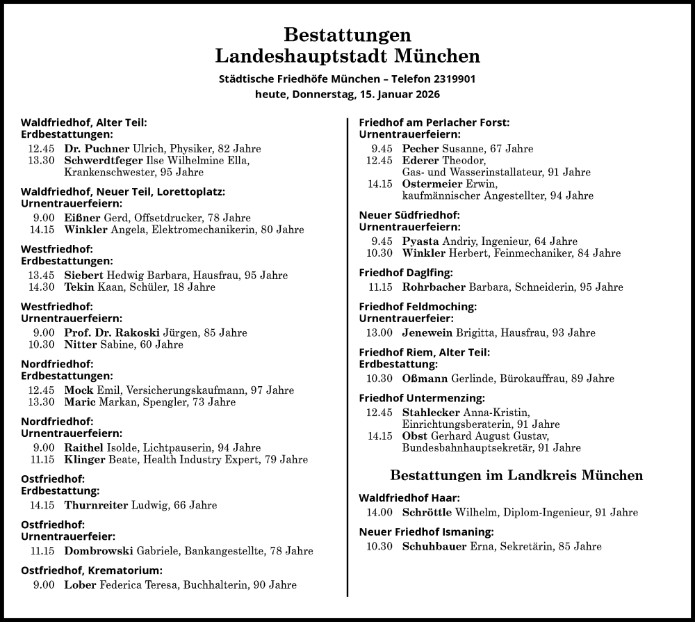  Traueranzeige für Bestattungen vom 15.01.2026 vom 15.01.2026 aus Süddeutsche Zeitung