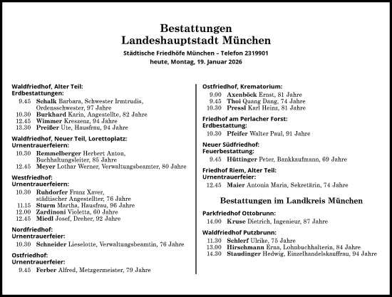 Traueranzeige von Bestattungen vom 19.01.2026 von Süddeutsche Zeitung