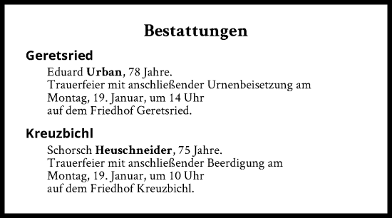 Traueranzeige von Bestattungen vom 19.01.2026 von Süddeutsche Zeitung