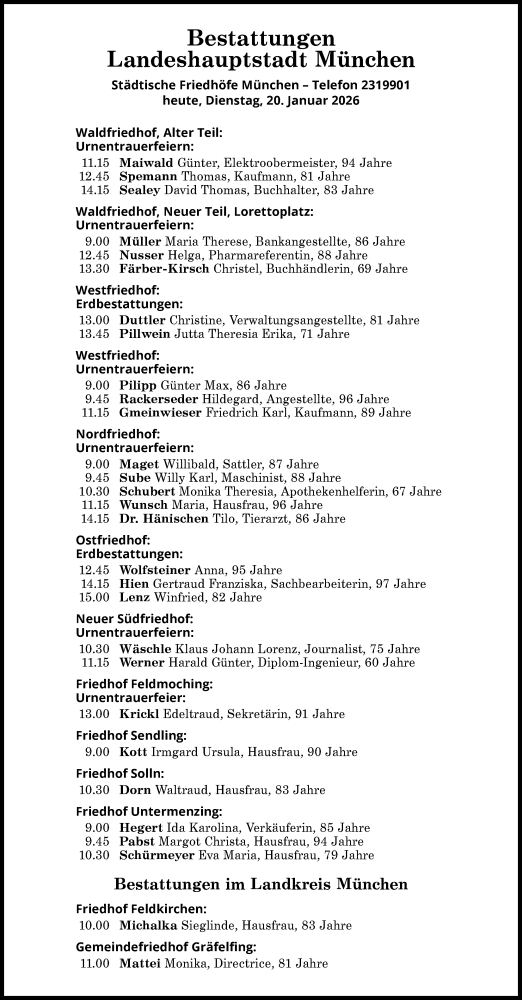  Traueranzeige für Bestattungen vom 20.01.2026 vom 20.01.2026 aus Süddeutsche Zeitung