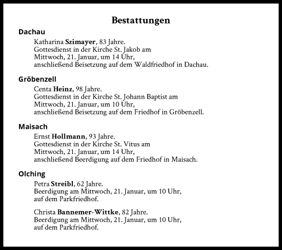 Traueranzeige von Bestattungen vom 21.01.2026 von Süddeutsche Zeitung