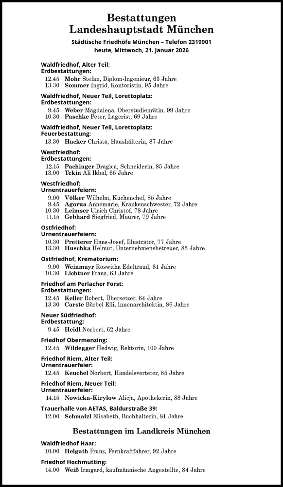  Traueranzeige für Bestattungen vom 21.01.2026 vom 21.01.2026 aus Süddeutsche Zeitung