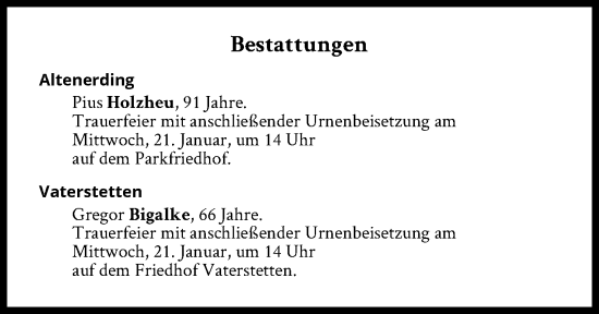 Traueranzeige von Bestattungen vom 21.01.2026 von Süddeutsche Zeitung