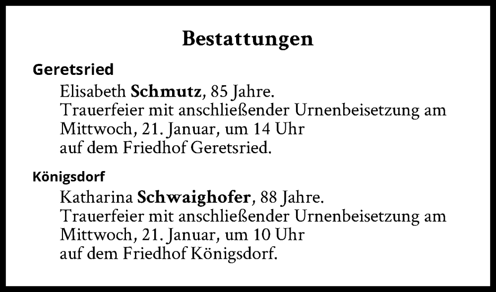  Traueranzeige für Bestattungen vom 21.01.2026 vom 21.01.2026 aus Süddeutsche Zeitung