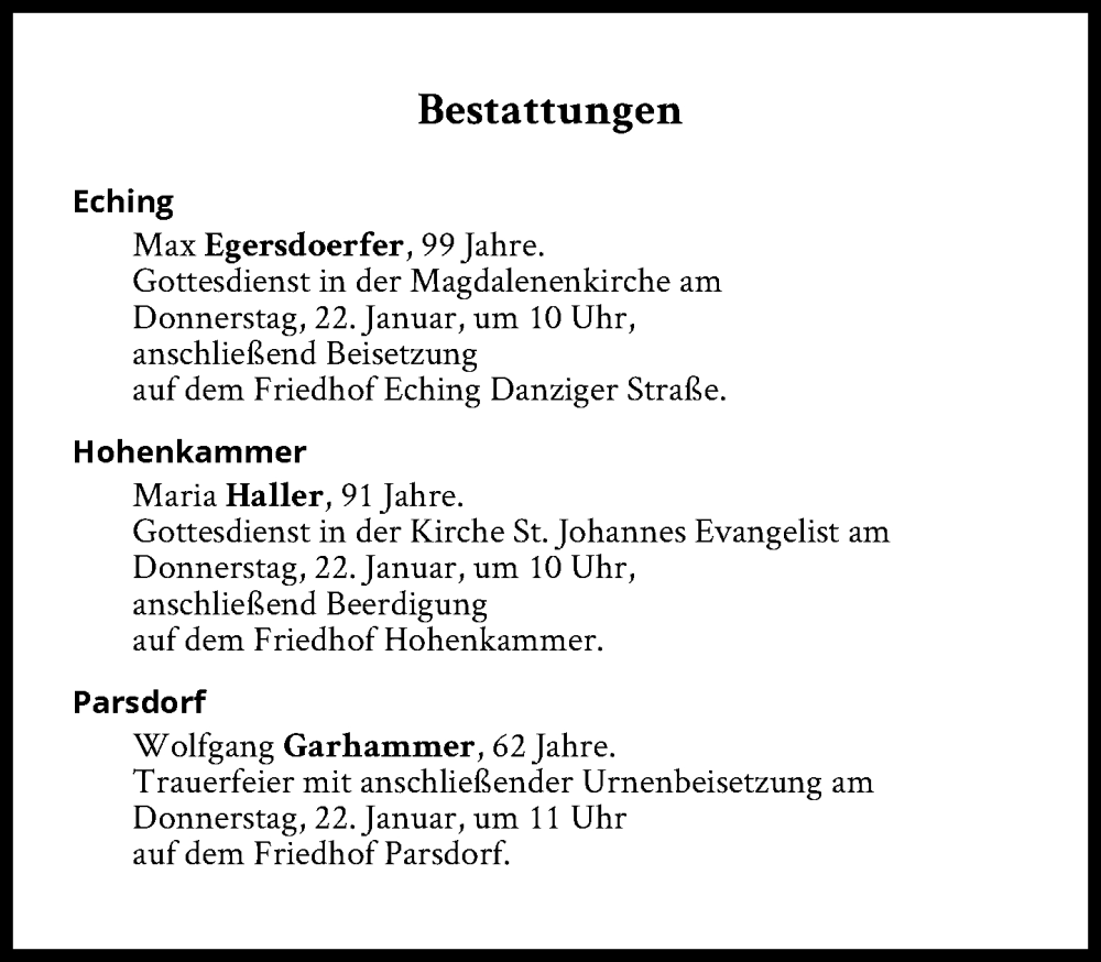  Traueranzeige für Bestattungen vom 22.01.2026 vom 22.01.2026 aus Süddeutsche Zeitung
